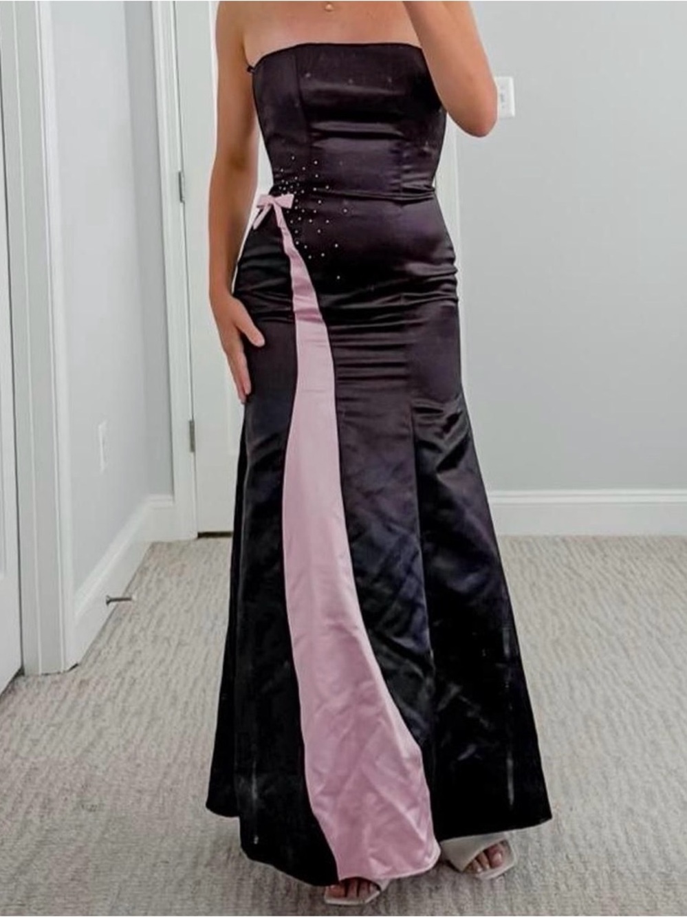 Jessica McClintock Gunne Sax Strapless Dress Gown black rhinestone pink bow